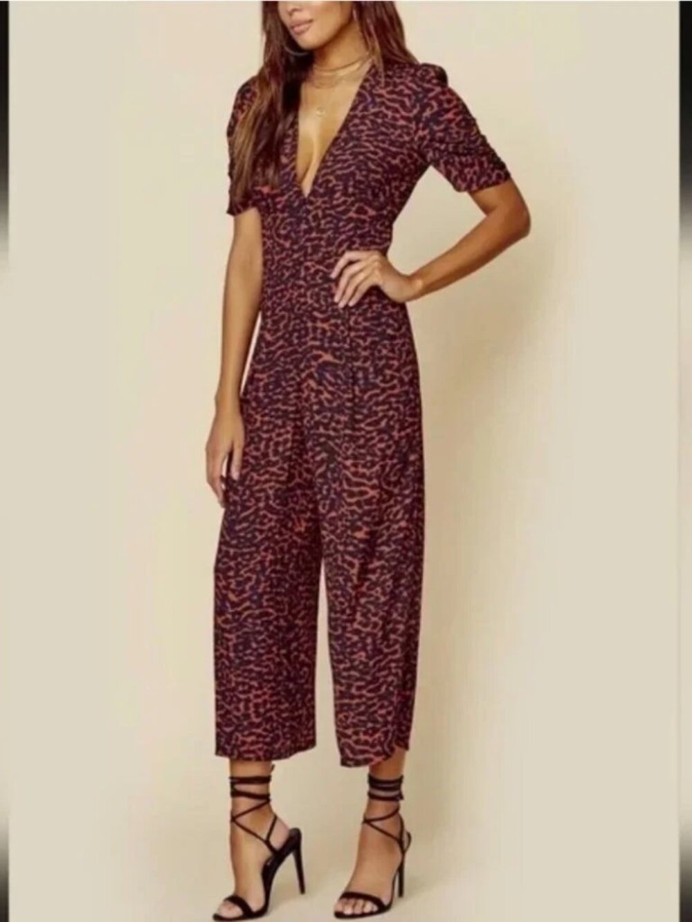 Blue Life Black Red Animal Print Deep V Zip Front Jumpsuit S